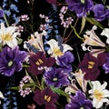 Tropical floral seamless pattern background with exotic dark violet flowers and leaves on black background.
