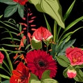 Exotic red flowers pattern. Many kind of exotic red tropical flowers and palm leaves in summer print.