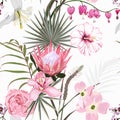Exotic flowers pattern. Many kind of exotic tropical flowers and palm leaves in summer print.