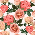 Floral Seamless Pattern with peony flowers, roses and clove flowers and leaves. Royalty Free Stock Photo
