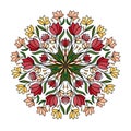 Beautiful floral mandala with red tulips, yellow lotus, leaves, small patterns on white isolated background.