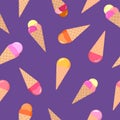 Fruit flat ice creams in a waffle cone on purple background. Summer food seamless pattern.