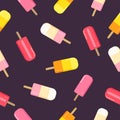 Bright flat ice creams with tasty of different fruits on dark purple background. Seamless summer  pattern. Royalty Free Stock Photo