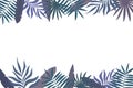 Purple, green and blue tropical leaves on white isolated background. Horizontal natural border.