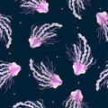 Light pink jellyfishes with white bubbles on dark blue background. Seamless underwater fauna pattern. Royalty Free Stock Photo