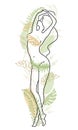Silhouette of a beautiful lady. A slim and elegant girl with near green leaves. Suitable for cosmetics advertising. Vector illustr