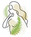 Silhouette of a beautiful lady. A slim and elegant girl with near green leaves. Suitable for cosmetics advertising. Vector illustr