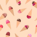 Chocolate and fruit cone ice-creams on calm beige background. Seamless food summer pattern.