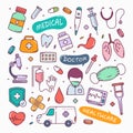 Medical and healthcare doodles hand drawn icon set vector illustration Royalty Free Stock Photo