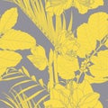 Tropical exotic floral line palm leaves and flowers seamless pattern, grey yellow background. Royalty Free Stock Photo