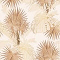 Seamless fake gold beige and golden leaves pattern. Tropical leaves. Exotic fan palm illustration. Beige background.