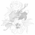 Hand drawn Asian symbols - line art koi carp with peony flowers and leaves on a white background. Royalty Free Stock Photo
