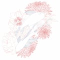 Hand drawn Asian symbols - line art koi carp with peony, chrisantemum flowers and leaves on a white background. Royalty Free Stock Photo