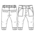Baby Boys Pant fashion flat sketch template. Technical Fashion Illustration. Woven CAD