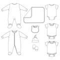 Set of Vector Baby clothing Elements. Baby Layette fashion flat sketch template. Technical Fashion Illustration.