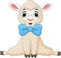 Cartoon baby lamb sitting with blue bow