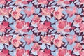 Vector floral seamless pattern. Pink roses and blue leaves isolated on a vinous background. Royalty Free Stock Photo