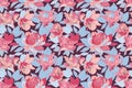 Vector floral seamless pattern. Pink roses and blue leaves isolated on a vinous background.