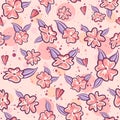 Pink seamless pattern for spring with sakura flowers and purple leaves. Royalty Free Stock Photo