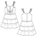 Girls Tiered Dress fashion flat sketch template. Technical Fashion Illustration. Bow and Frill detail. Buttoned Front