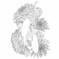 Hand drawn Asian symbols - line art koi carp with Chrysanthemum flowers and leaves on a white background.
