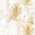 Tropical exotic floral line golden palm leaves and flowers seamless pattern, line background.