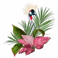 Elegant floral and zoo composition. A print for a T-shirt. Tropical flowers and exotic bird.