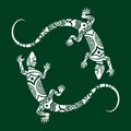 Lizards illustration Maori style. Round emblem or logo.