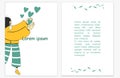 Cover and page design. Vector illustration in the flat style with a girl and hearts