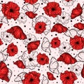 Red seamless pattern with sketch poppies.Repetitive floral background with garden flowers for spring and summer