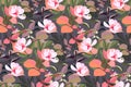 Vector floral seamless pattern. Pink garden flowers with orange, green, grey leaves isolated on a grey background. Royalty Free Stock Photo