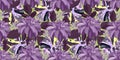 Vector floral seamless pattern with purple dahlia flowers and yellow lily flowers. Royalty Free Stock Photo