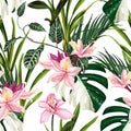 Exotic flowers pattern. Pink Oleander Rhododendron tropical flowers and palm leaves in summer print.