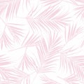 Nature seamless pattern. Hand drawn tropical summer background: pink white palm tree leaves, line art background.