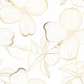 Dogwood branch with golden line flowers seamless pattern. Cornus florida. Line drawing. White background.