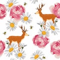 Semless pattern with deer and camomile and pink roses flowers. Repeated texture with elegant animals and floral elements. Royalty Free Stock Photo