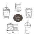 Set of doodle coffee to go. Latte, cappuccino, americano, beverage with raspberry, tea.