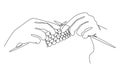 Knitting with threads. Hands of man, woman in modern trendy style with one line. Solid line, outline for decor, posters, stickers,