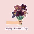 Happy Mothers Day. Mom. Card template with hand with spring tulips flowers. Royalty Free Stock Photo