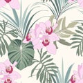 Vintage colors seamless tropical pattern with colorful leaves and orchids flowers on yellow background. Royalty Free Stock Photo