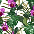 Tropical Cattleya orchid flowers and exotic leaves on white background. Seamless pattern. Jungle foliage illustration.