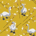 Beautiful seamless pattern with white swans and blooming herbs illustration on yellow background.