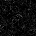 Seamless pattern with  tulips line silhouette on black background. Royalty Free Stock Photo
