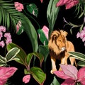 Basic RGBTropical palm tree, exotic plant, flowers, lion animal floral seamless border on black background. Royalty Free Stock Photo