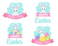 Happy Easter greeting cards. Easter eggs, white bunny. Vector illustration