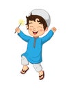 Cartoon happy Muslim boy playing firework Royalty Free Stock Photo