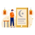 Vector illustration of a Muslim man in orange clothes praying and illustration