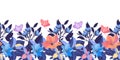 Vector floral seamless pattern, border. Blue. pink, coral color flowers, blue leaves, butterflies Royalty Free Stock Photo