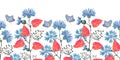 Art floral vector seamless pattern, border. Blue flowering cornflower, Centaurea flowers with buds, stems, twigs, red leaves, butt