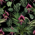 Exotic flowers seamless pattern. Tropical green violet orchid flowers and palm leaves in summer print.
